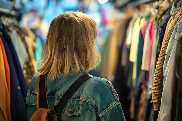 Second-Hand Shopping: Candid shots of someone browsing through a second-hand store or thrift shop, embracing the philosophy of buying used rather than new.
