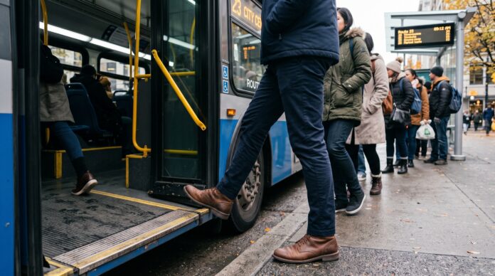 Commuters boarding a public city bus at a busy urban transit stop during the day.